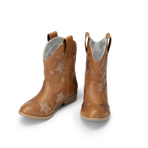 Girls Camel Cowgirl Mid Calf Glitter Western Boots Toddler Star Riding Shoes - Picture 5 of 6